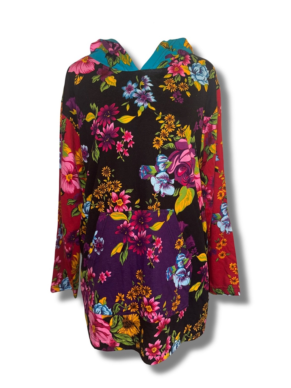 NWT Vtg 90s Cotton Floral Multicolored Hooded Long Sleeve Tshirt
